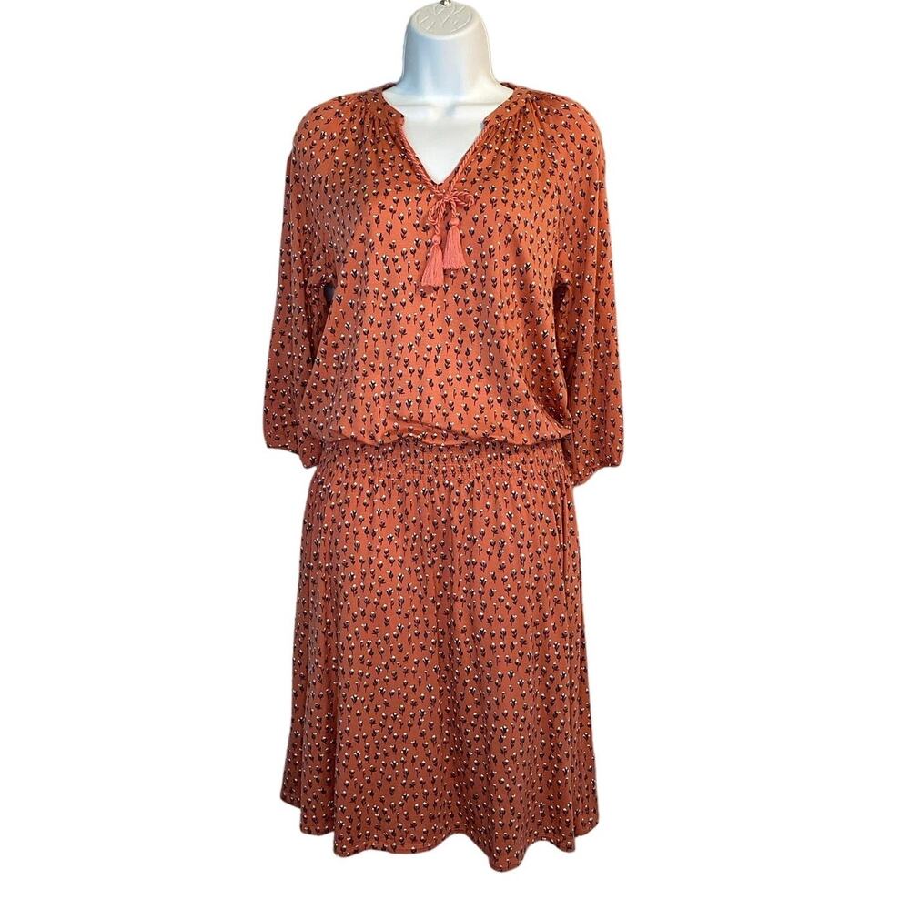 Garnet Hill Womens Midi Floral Knit Smocked Waist Dress Orange Size XS